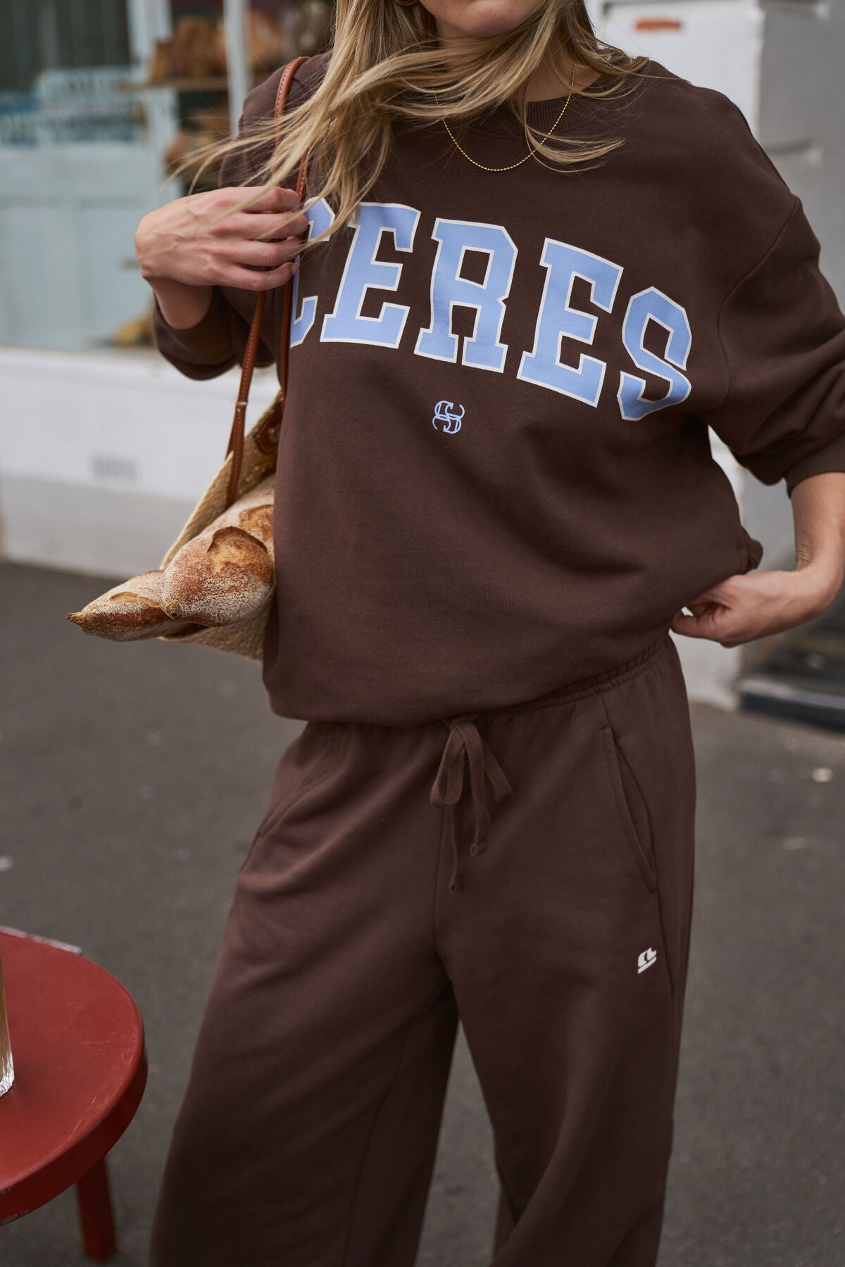 CERES LIFE ISLA OVERSIZED SLOUCHY CREW - BRUNETTE BROWN & SKY BLUE LOGO