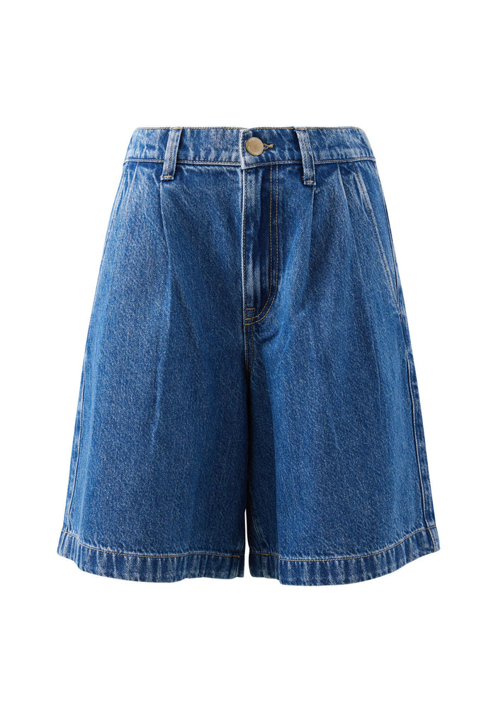 CERES LIFE SYLVIE LONGLINE PLEAT DENIM SHORT - FRESH INDIDO