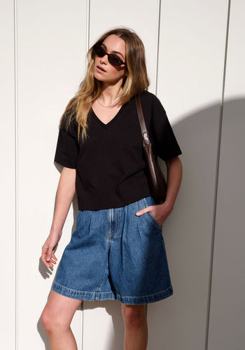CERES LIFE SYLVIE LONGLINE PLEAT DENIM SHORT - FRESH INDIDO
