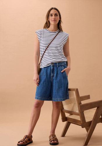 CERES LIFE SYLVIE LONGLINE PLEAT DENIM SHORT - FRESH INDIDO