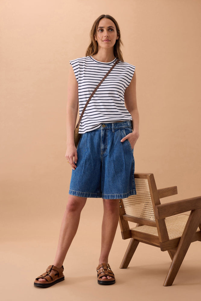 Load image into Gallery viewer, CERES LIFE SYLVIE LONGLINE PLEAT DENIM SHORT - FRESH INDIDO