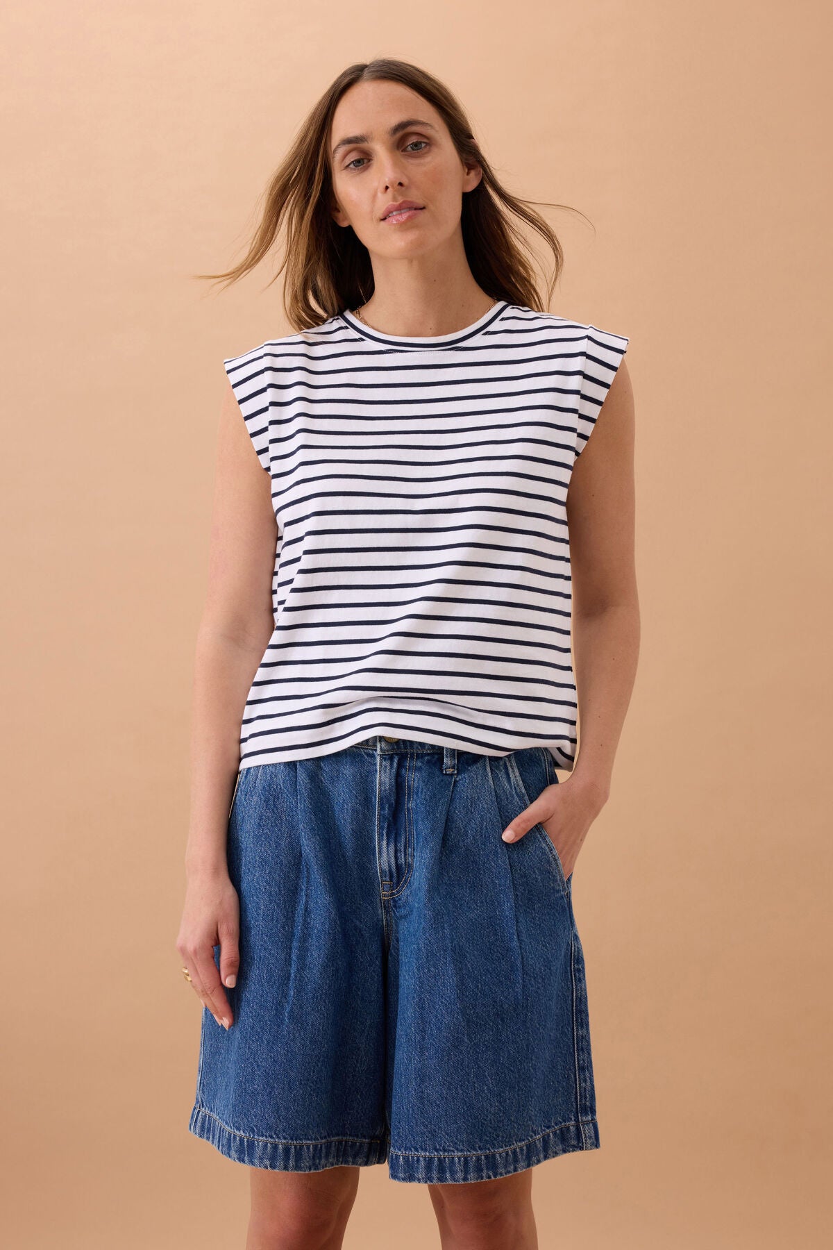 CERES LIFE SYLVIE LONGLINE PLEAT DENIM SHORT - FRESH INDIDO