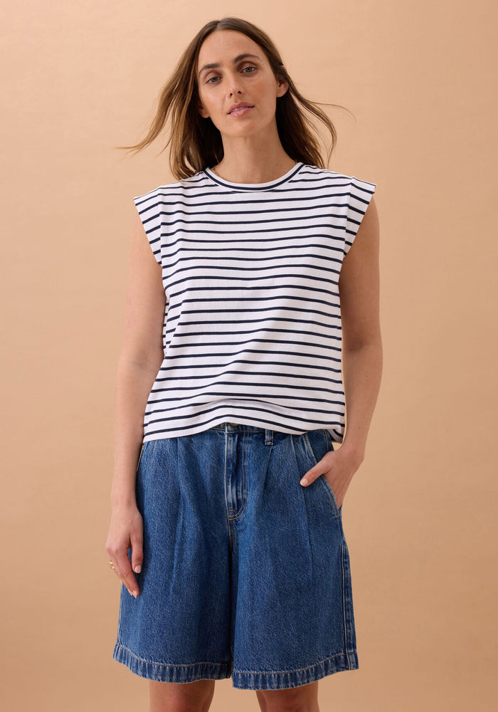 CERES LIFE SYLVIE LONGLINE PLEAT DENIM SHORT - FRESH INDIDO