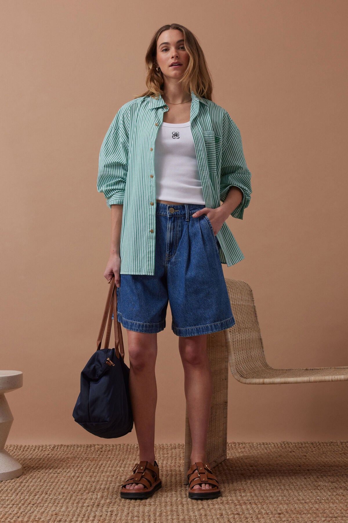 CERES LIFE SYLVIE LONGLINE PLEAT DENIM SHORT - FRESH INDIDO