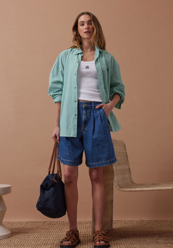 CERES LIFE SYLVIE LONGLINE PLEAT DENIM SHORT - FRESH INDIDO