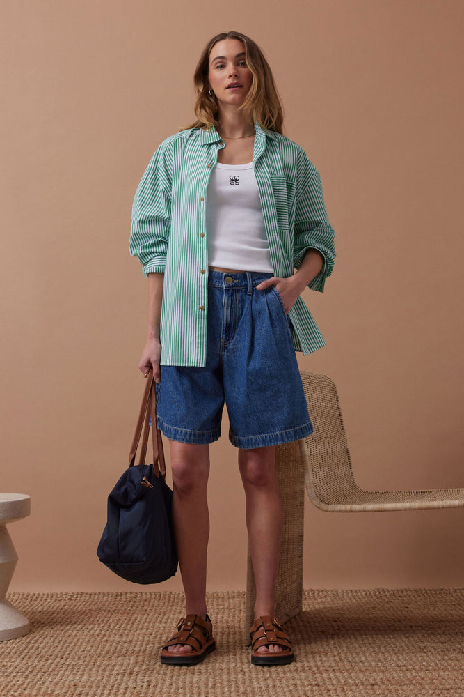 Load image into Gallery viewer, CERES LIFE SYLVIE LONGLINE PLEAT DENIM SHORT - FRESH INDIDO