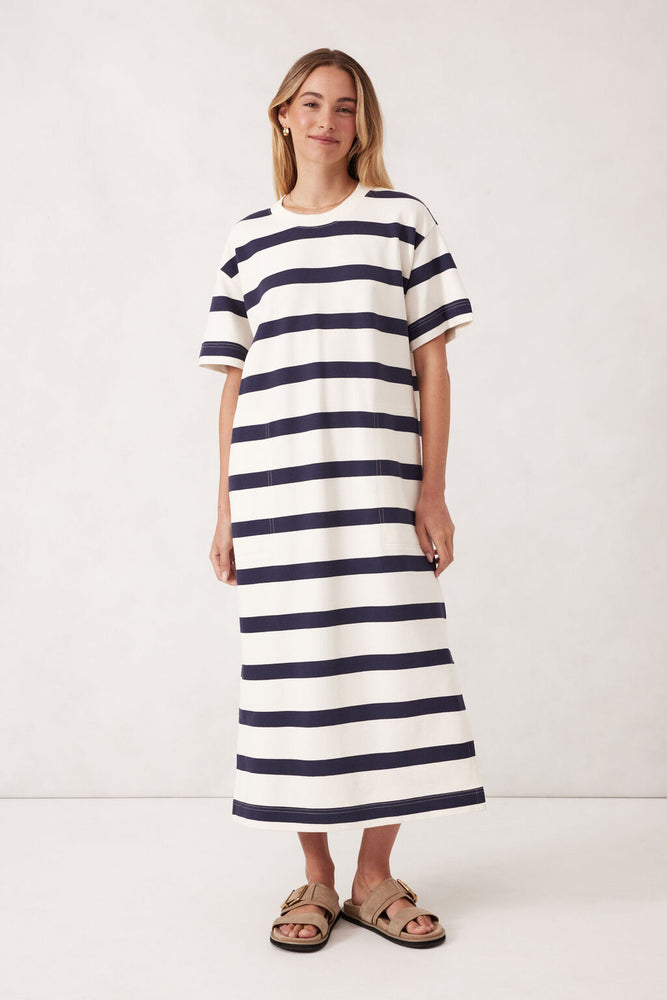 Load image into Gallery viewer, CERES LIFE MIDI TERRY DRESS - NAVY/IVORY STRIPE