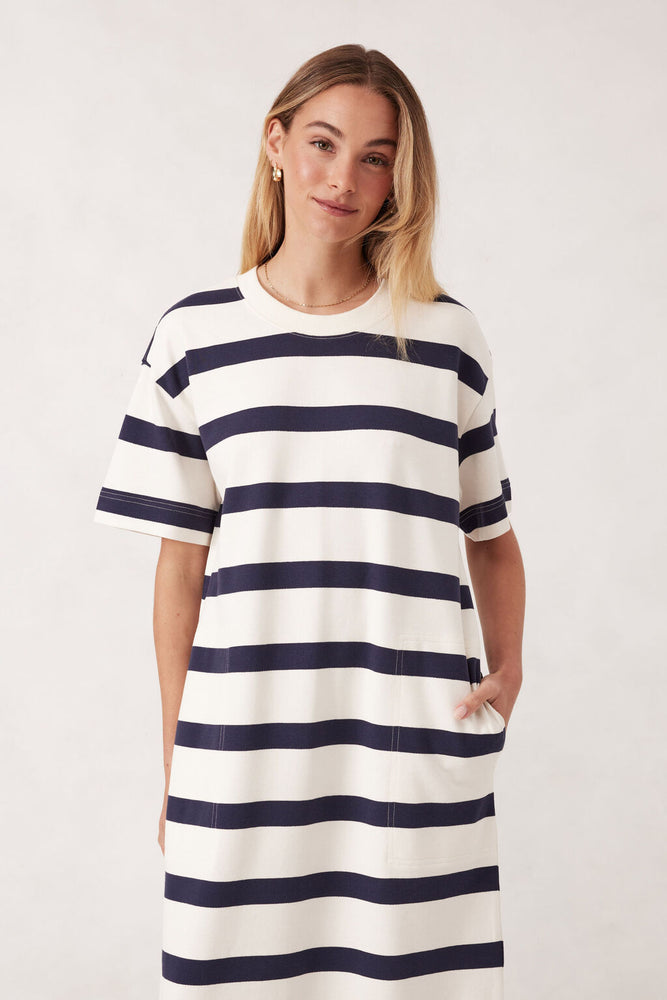 Load image into Gallery viewer, CERES LIFE MIDI TERRY DRESS - NAVY/IVORY STRIPE