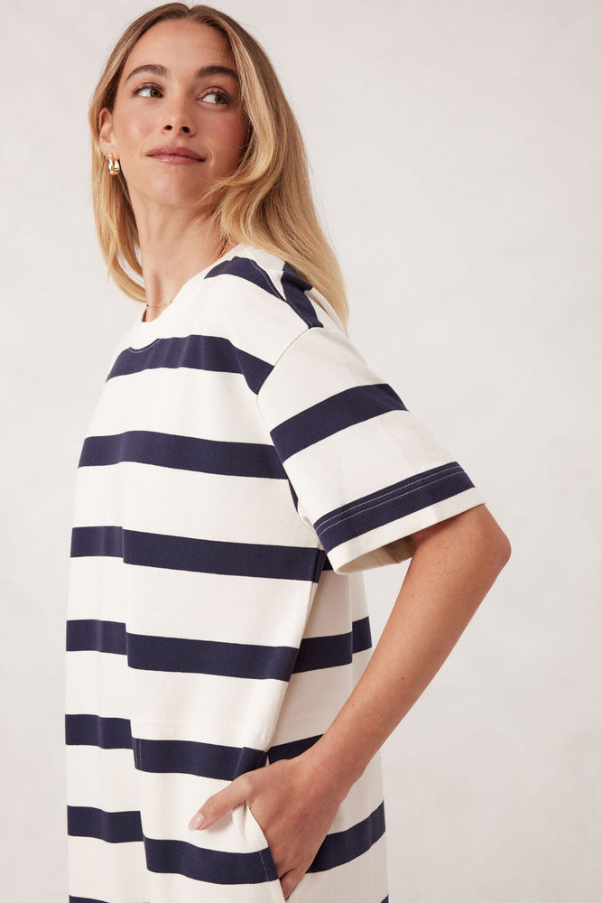 Load image into Gallery viewer, CERES LIFE MIDI TERRY DRESS - NAVY/IVORY STRIPE