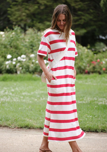 CERES LIFE MIDI TERRY DRESS - RED/IVORY STRIPE