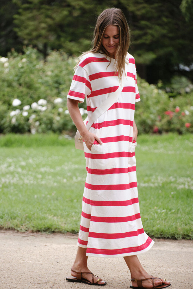 Load image into Gallery viewer, CERES LIFE MIDI TERRY DRESS - RED/IVORY STRIPE