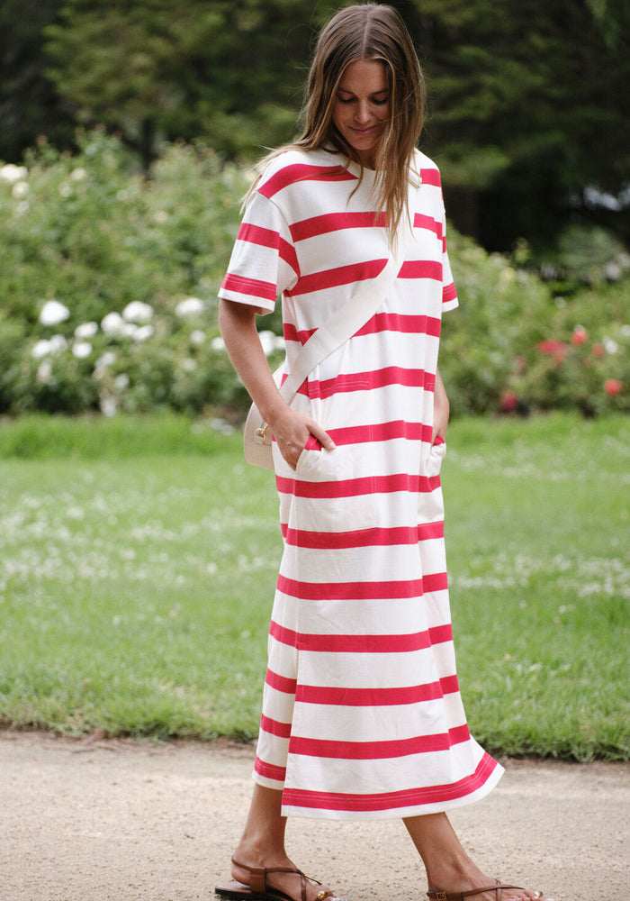 CERES LIFE MIDI TERRY DRESS - RED/IVORY STRIPE