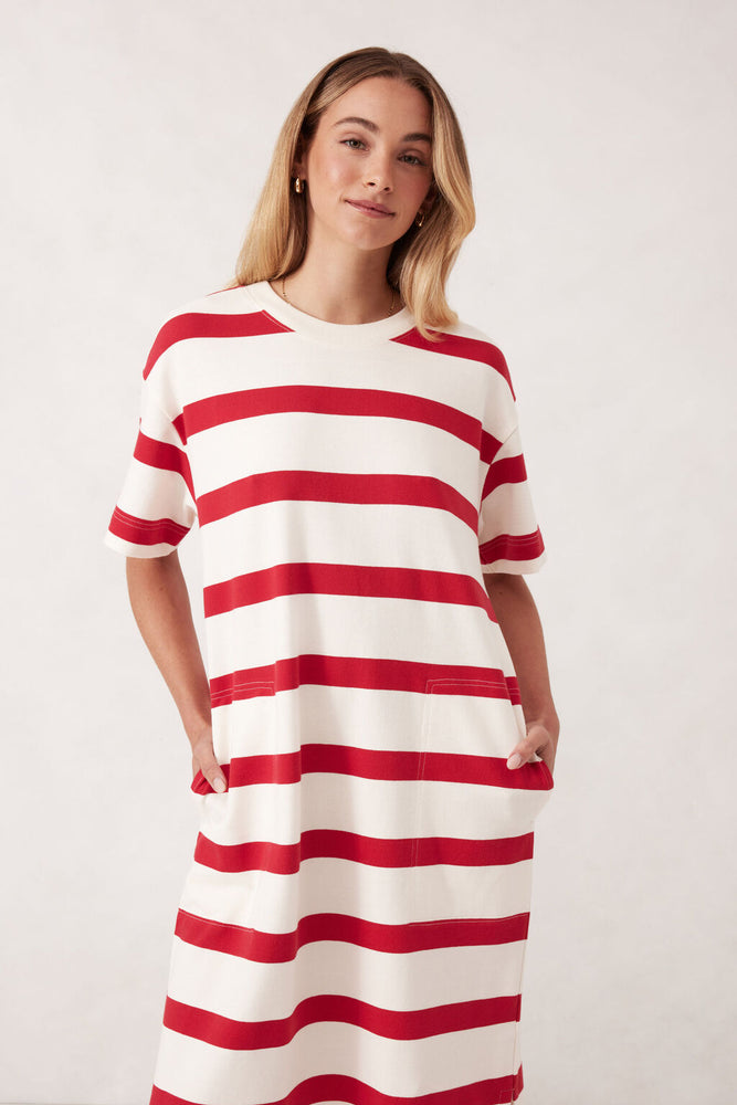 Load image into Gallery viewer, CERES LIFE MIDI TERRY DRESS - RED/IVORY STRIPE