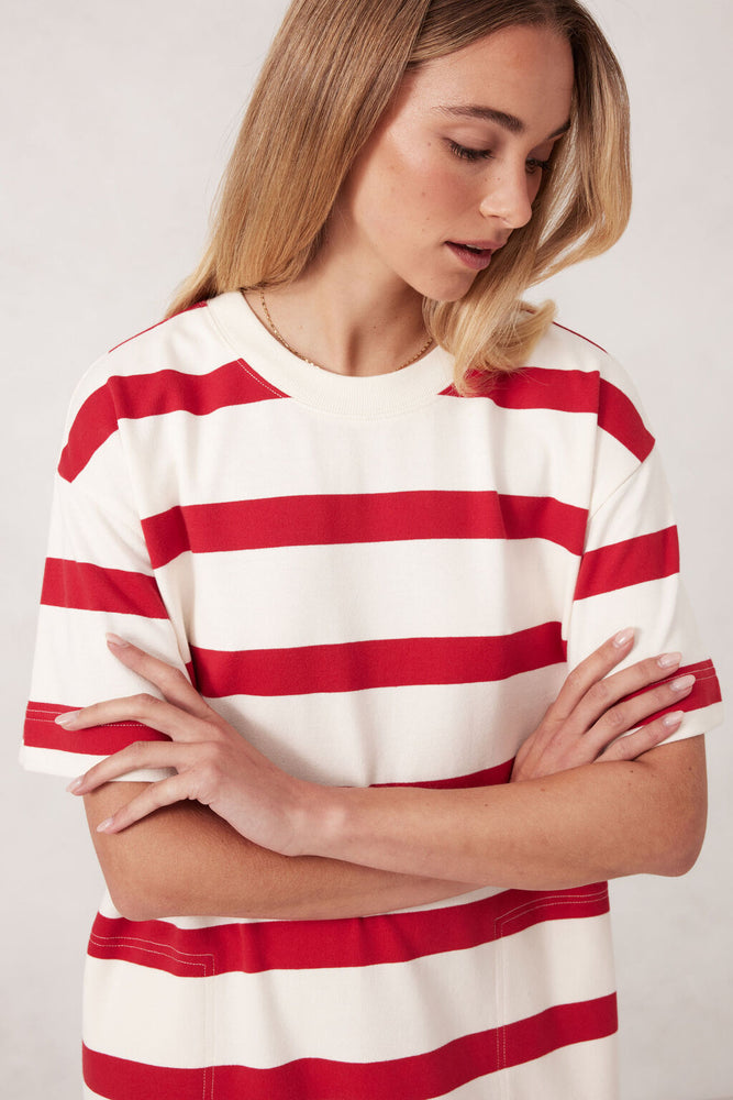 Load image into Gallery viewer, CERES LIFE MIDI TERRY DRESS - RED/IVORY STRIPE