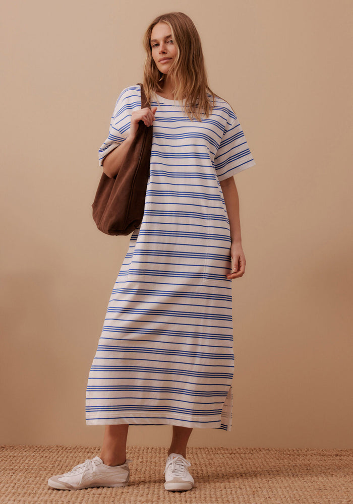 CERES LIFE CHARLOTTE MIDI TERRY DRESS - WHITE & AZURE STRIPE