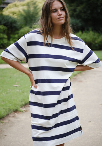 CERES LIFE MINI TERRY DRESS - NAVY/IVORY STRIPE