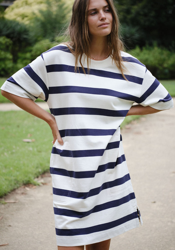 CERES LIFE MINI TERRY DRESS - NAVY/IVORY STRIPE