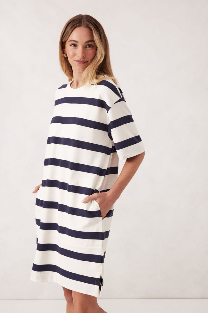 Load image into Gallery viewer, CERES LIFE MINI TERRY DRESS - NAVY/IVORY STRIPE