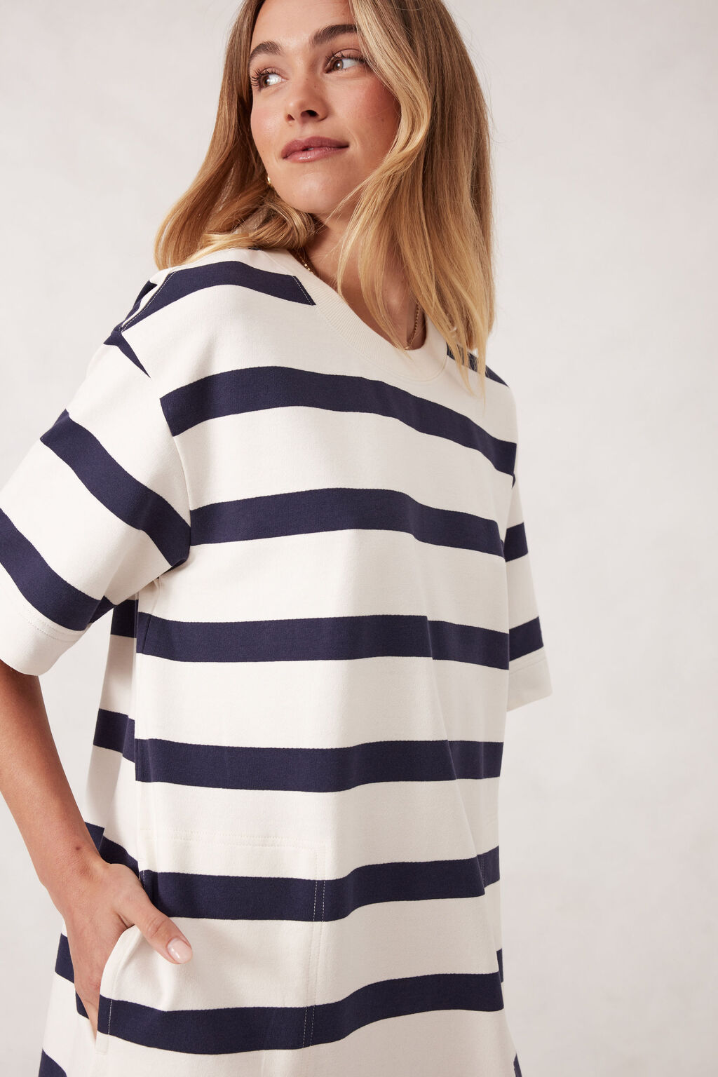 CERES LIFE MINI TERRY DRESS - NAVY/IVORY STRIPE