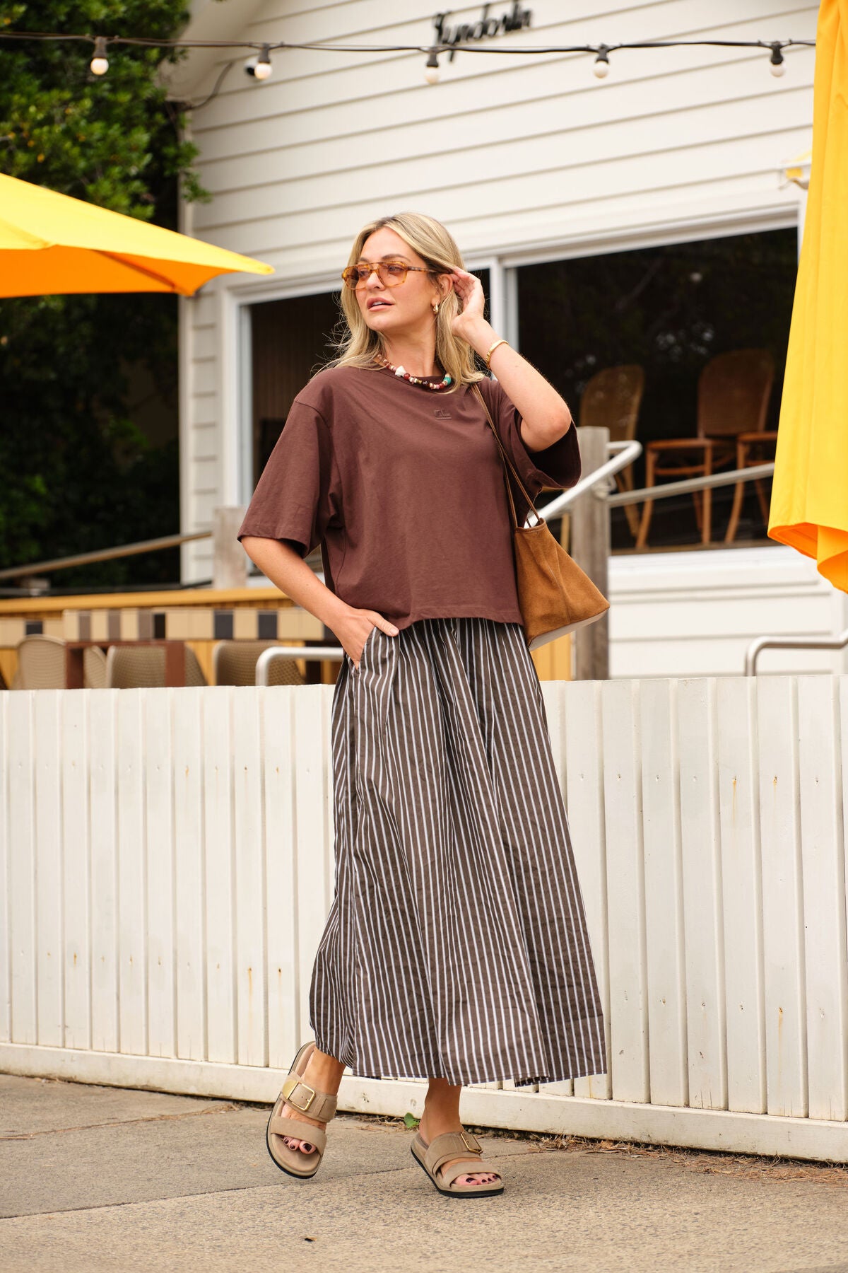 CERES LIFE FLORENCE MAXI SKIRT - CHOC/WHITE STRIPE