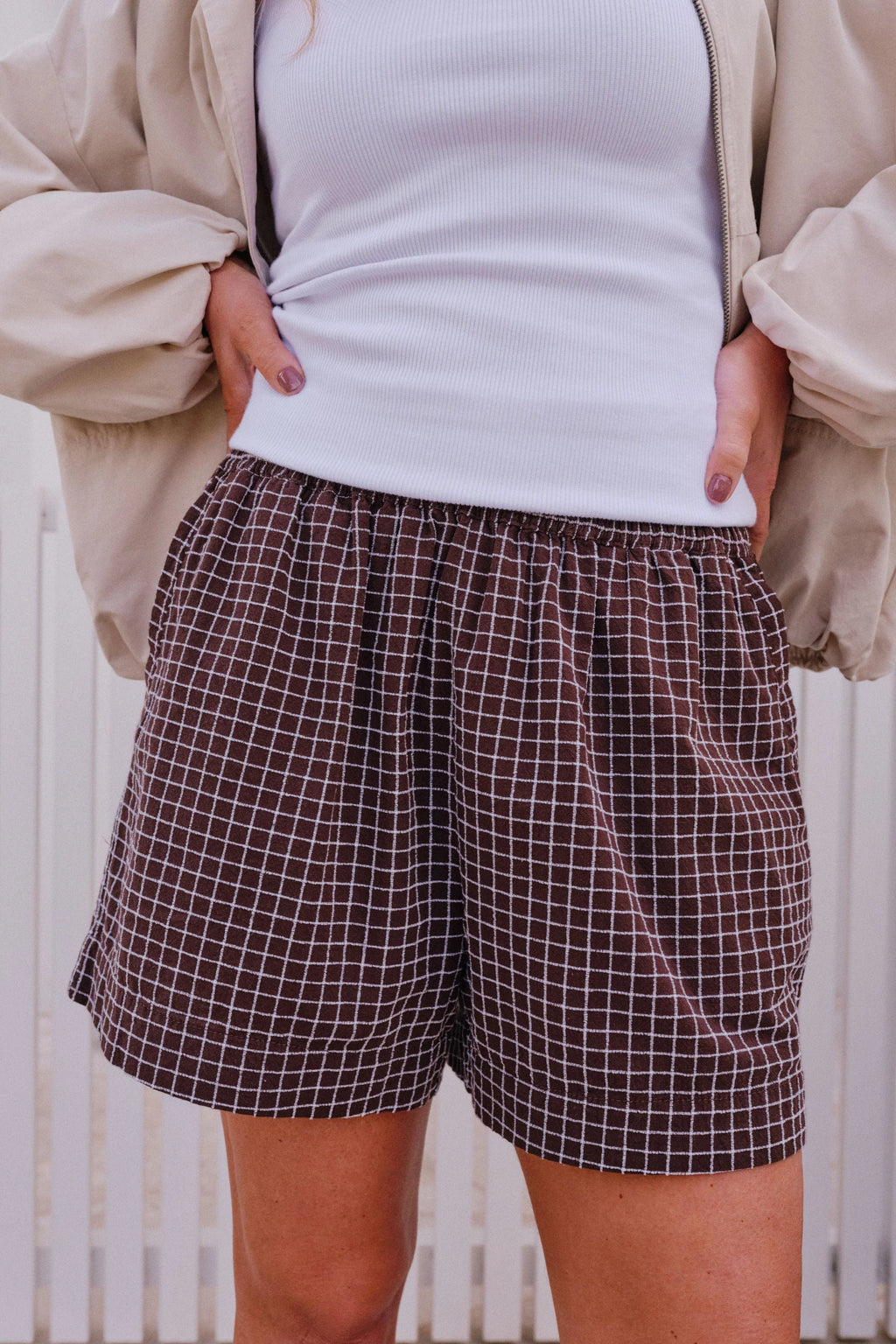 CERES LIFE MILA SHORT - TEXTURED CHOCOLATE CHECK