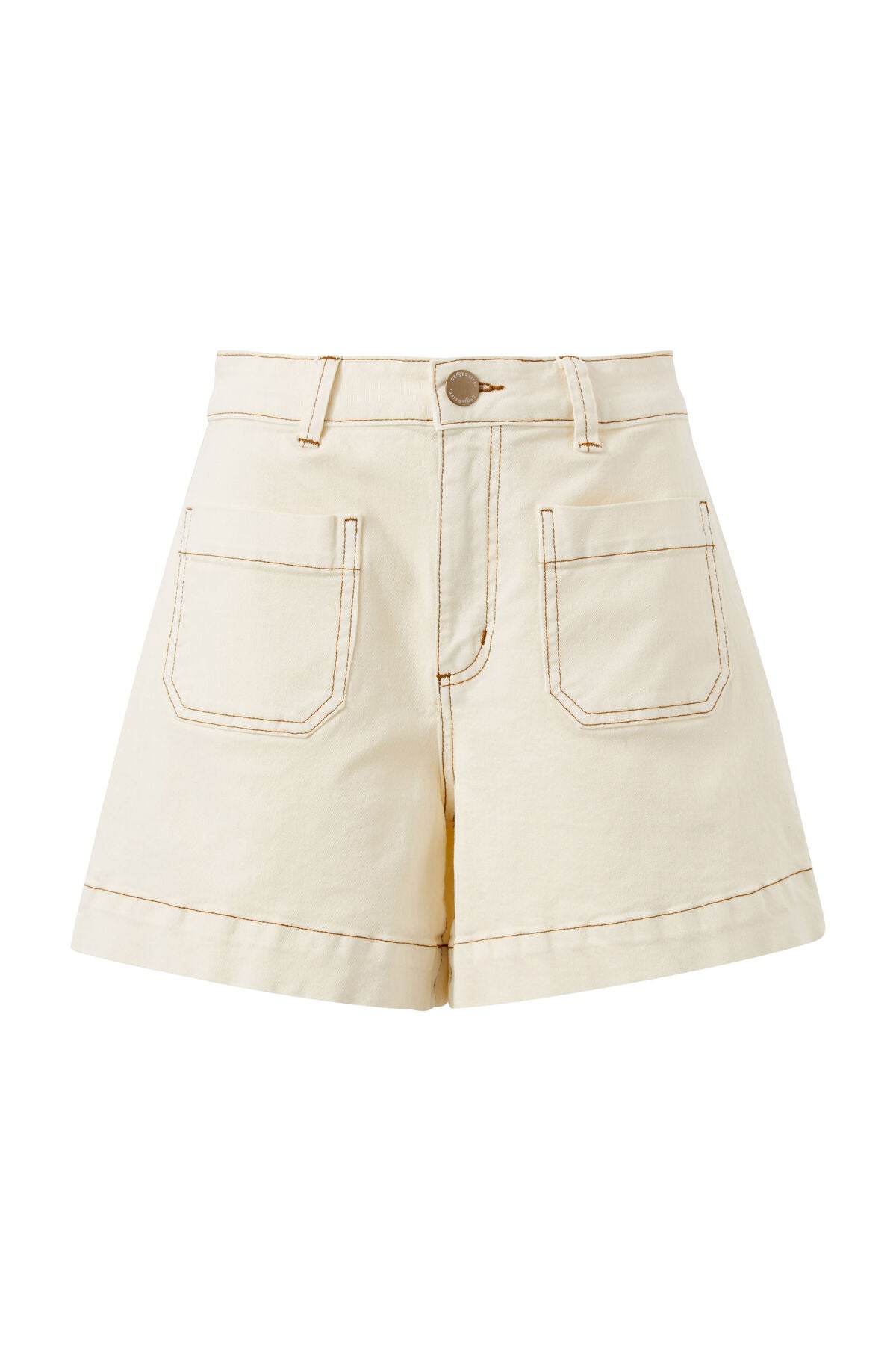 CERES LIFE ESTHER DENIM PATCH POCKET SHORTS - EGGSHELL