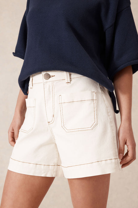 CERES LIFE ESTHER DENIM PATCH POCKET SHORTS - EGGSHELL