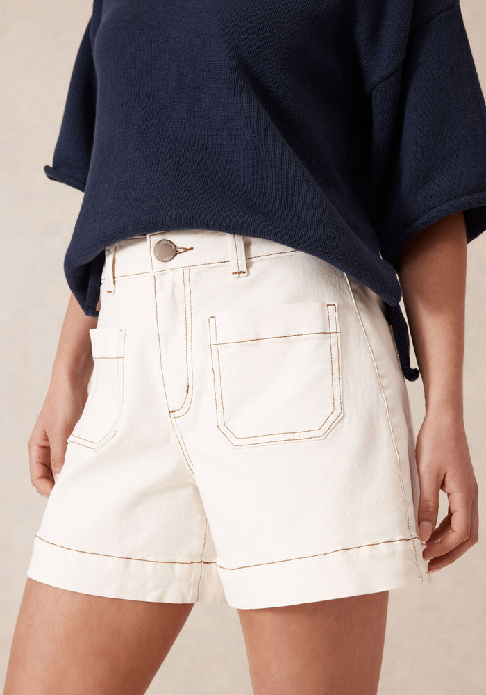 CERES LIFE ESTHER DENIM PATCH POCKET SHORTS - EGGSHELL