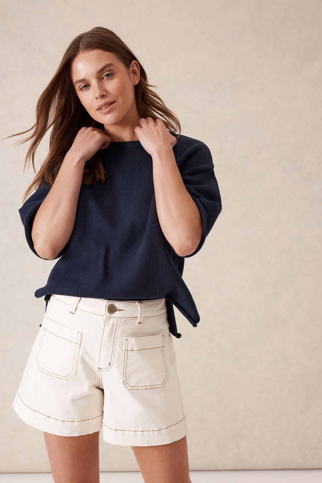 CERES LIFE ESTHER DENIM PATCH POCKET SHORTS - EGGSHELL