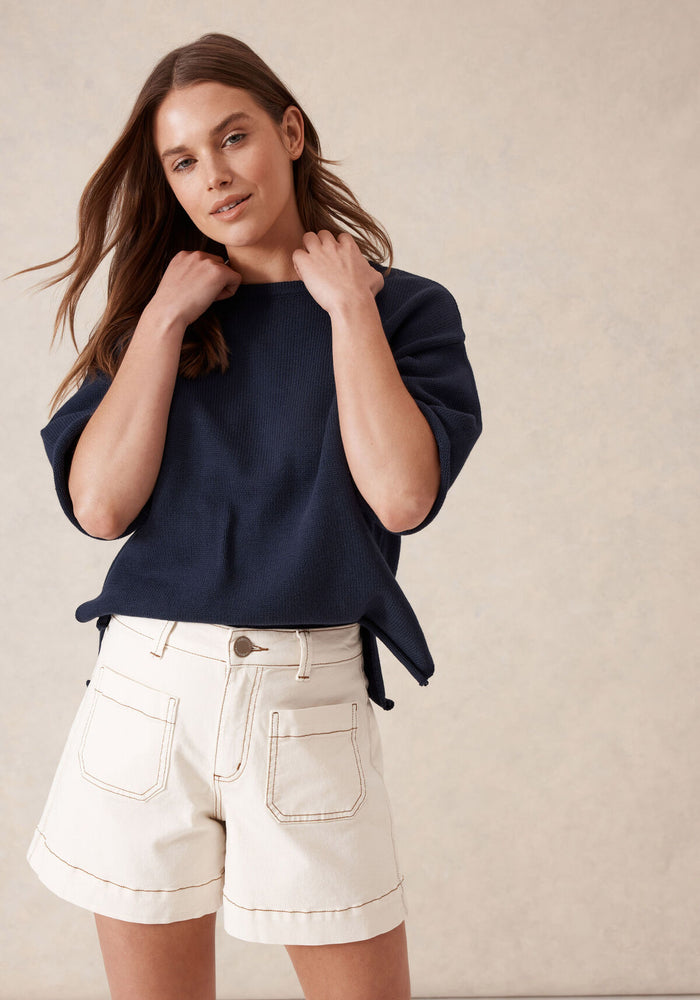 CERES LIFE ESTHER DENIM PATCH POCKET SHORTS - EGGSHELL