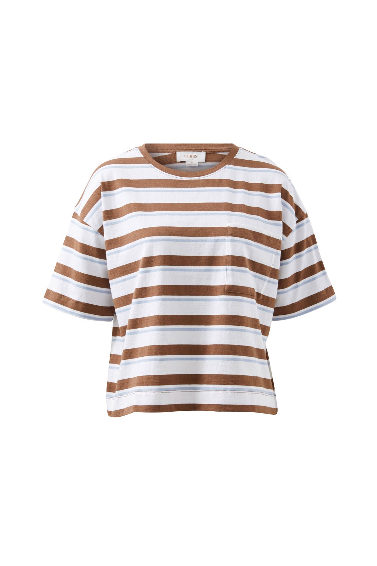 CERES LIFE BOXY POCKET TEE - MILK CHOC CHALK STRIPE
