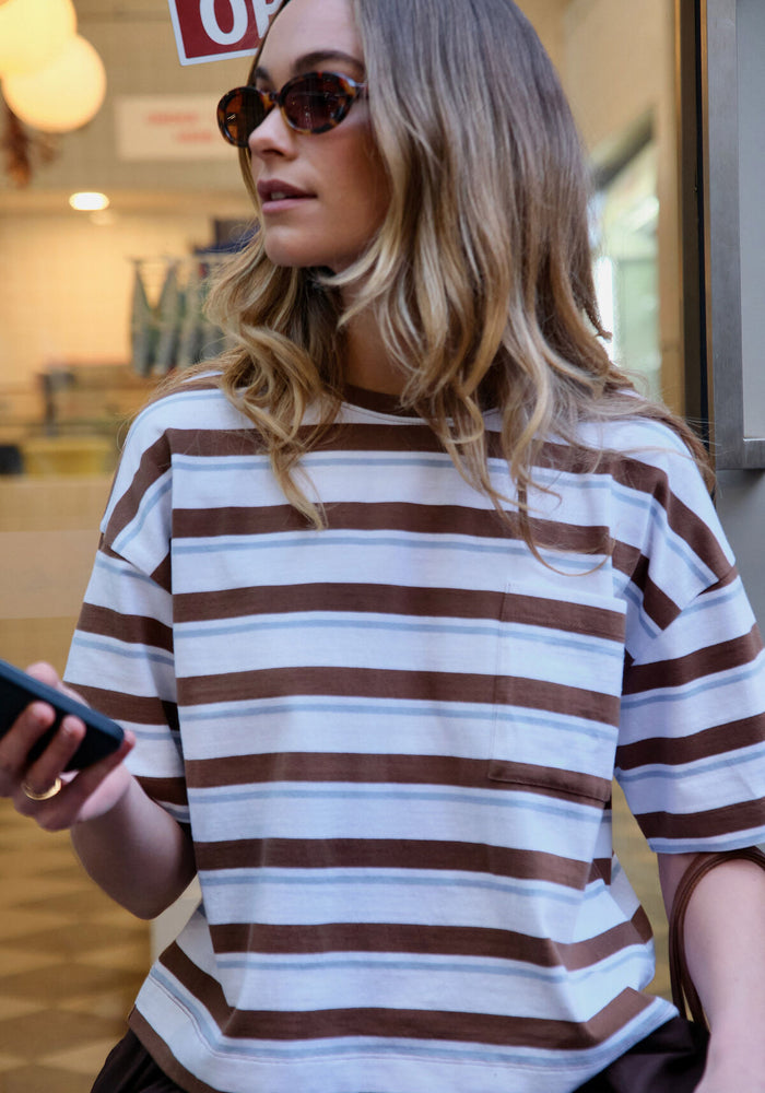 CERES LIFE BOXY POCKET TEE - MILK CHOC CHALK STRIPE