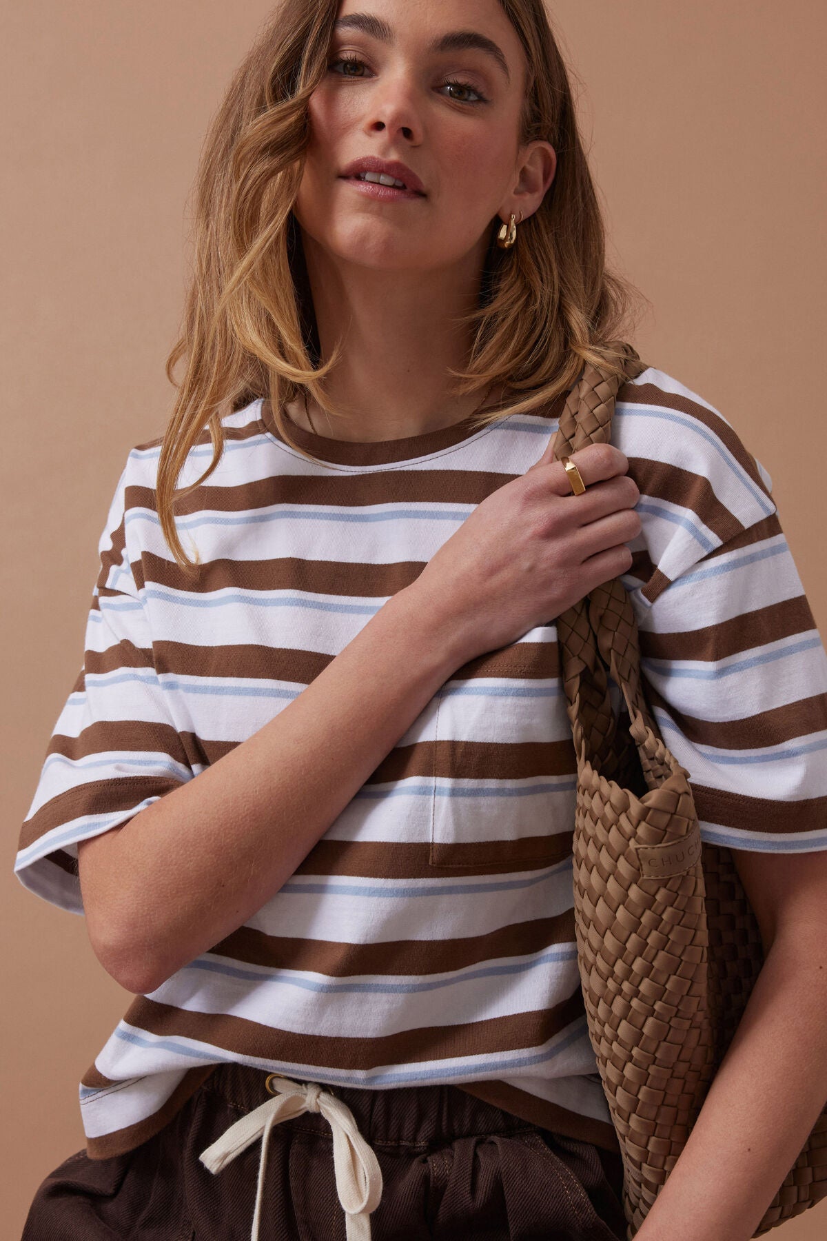 CERES LIFE BOXY POCKET TEE - MILK CHOC CHALK STRIPE