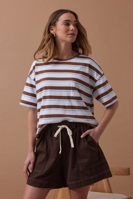 CERES LIFE BOXY POCKET TEE - MILK CHOC CHALK STRIPE