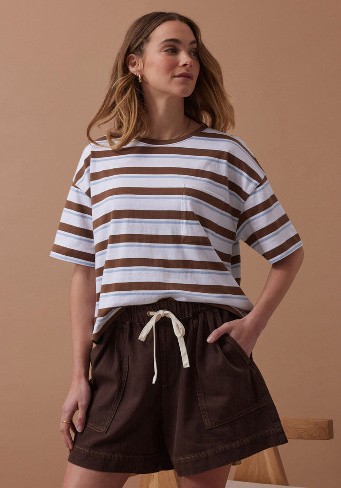 CERES LIFE BOXY POCKET TEE - MILK CHOC CHALK STRIPE