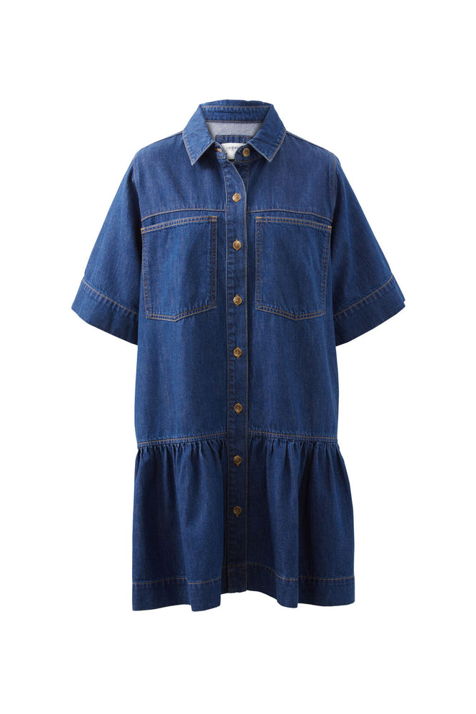 Load image into Gallery viewer, CERES LIFE SHORT SLEEVE TIERED POCKET SHIRTDRESS - MIDNIGHT