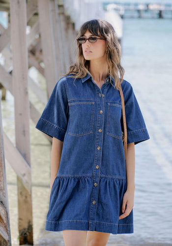 CERES LIFE SHORT SLEEVE TIERED POCKET SHIRTDRESS - MIDNIGHT