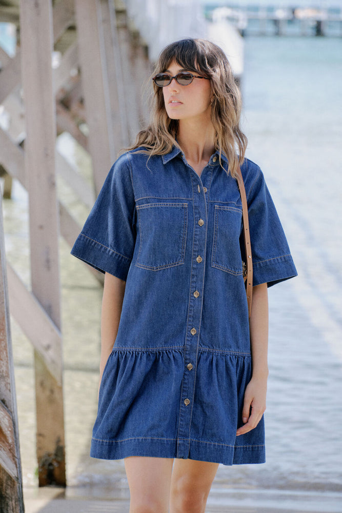 Load image into Gallery viewer, CERES LIFE SHORT SLEEVE TIERED POCKET SHIRTDRESS - MIDNIGHT