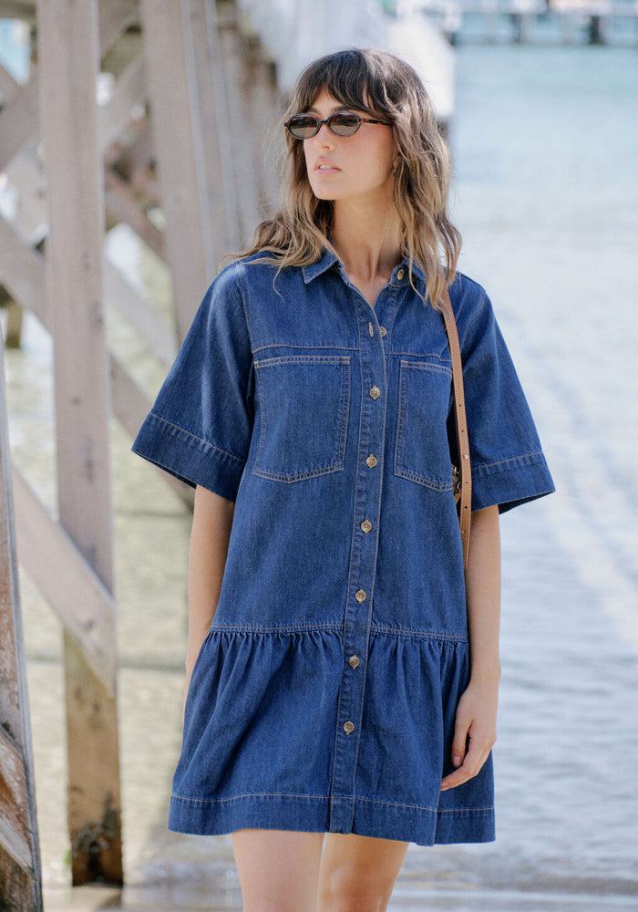 CERES LIFE SHORT SLEEVE TIERED POCKET SHIRTDRESS - MIDNIGHT