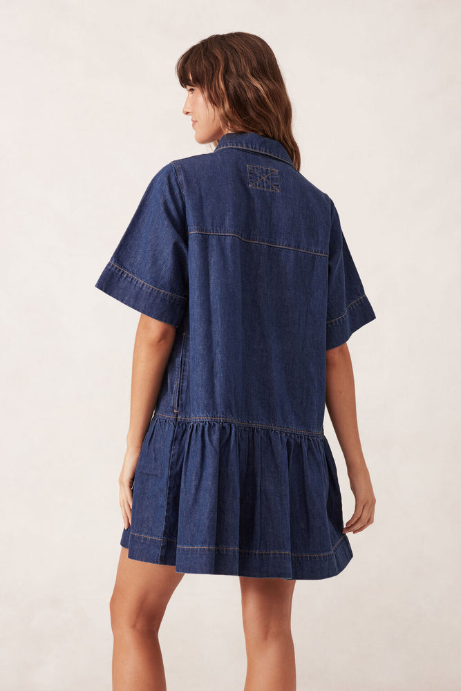 Load image into Gallery viewer, CERES LIFE SHORT SLEEVE TIERED POCKET SHIRTDRESS - MIDNIGHT