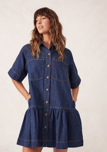 CERES LIFE SHORT SLEEVE TIERED POCKET SHIRTDRESS - MIDNIGHT