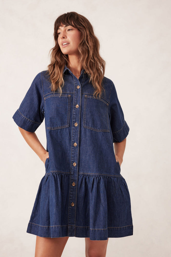 Load image into Gallery viewer, CERES LIFE SHORT SLEEVE TIERED POCKET SHIRTDRESS - MIDNIGHT