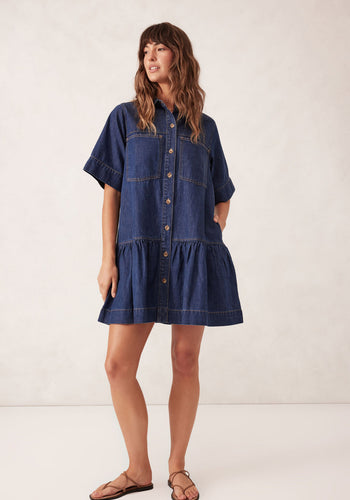 CERES LIFE SHORT SLEEVE TIERED POCKET SHIRTDRESS - MIDNIGHT