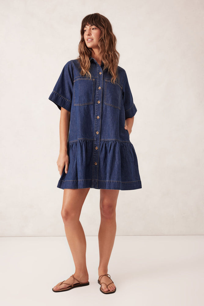 Load image into Gallery viewer, CERES LIFE SHORT SLEEVE TIERED POCKET SHIRTDRESS - MIDNIGHT