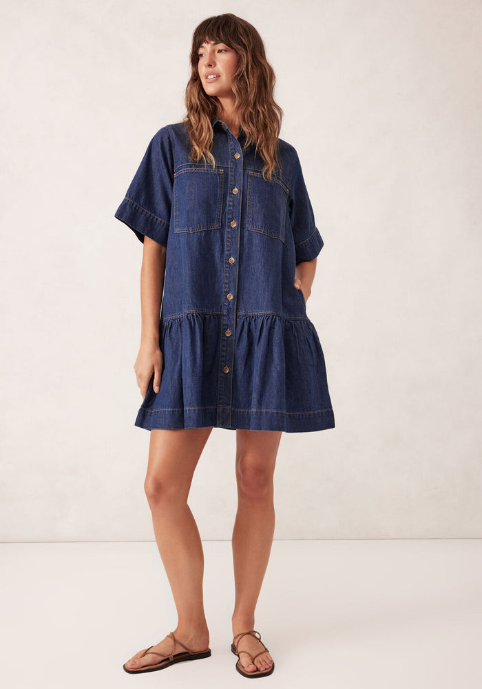 CERES LIFE SHORT SLEEVE TIERED POCKET SHIRTDRESS - MIDNIGHT