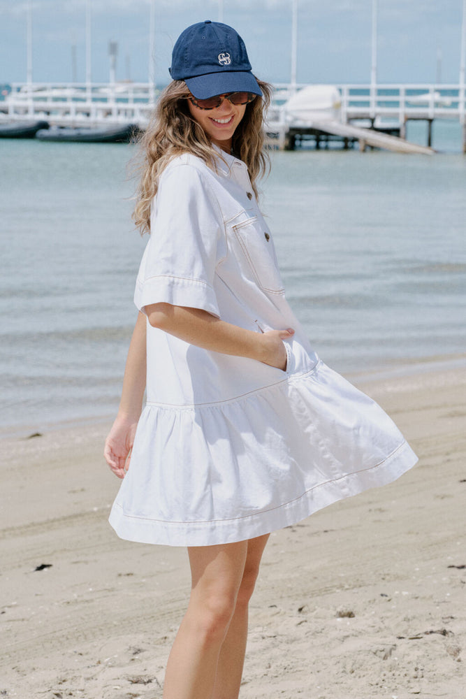 Load image into Gallery viewer, CERES LIFE SHORT SLEEVE TIERED POCKET SHIRTDRESS - FRESH ECRU