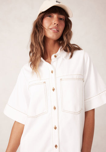 CERES LIFE SHORT SLEEVE TIERED POCKET SHIRTDRESS - FRESH ECRU