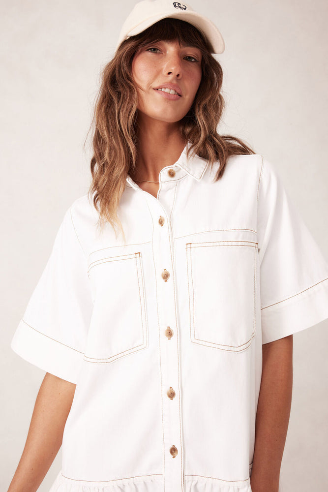 Load image into Gallery viewer, CERES LIFE SHORT SLEEVE TIERED POCKET SHIRTDRESS - FRESH ECRU