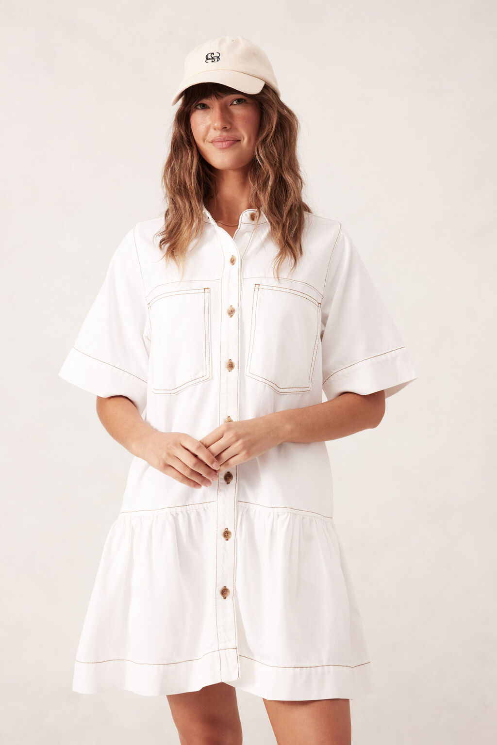 CERES LIFE SHORT SLEEVE TIERED POCKET SHIRTDRESS - FRESH ECRU