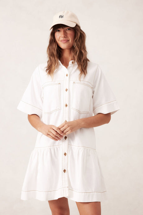 CERES LIFE SHORT SLEEVE TIERED POCKET SHIRTDRESS - FRESH ECRU